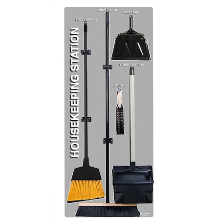 5S Supplies 5S Housekeeping Shadow Board Broom Station Version 1 - Gray Board / Black Shadows With Broom HSB-V1-GRAY/BLACK-KIT